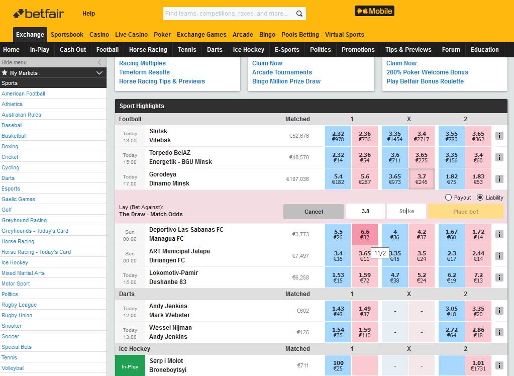 General view of the Betfair interface before choosing a match